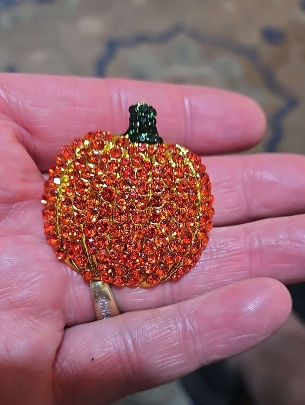 B3- Orange Crystal Pumpkin Brooch with Green Stem